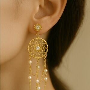 Gold Dreamcatcher Dangle Earrings with Pearls‎ – 925 Post, Long Boho Style new